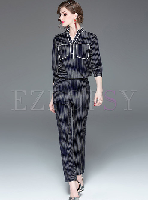 Elegant Striped Stand Collar Top & Straight Pants