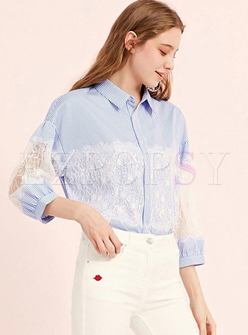 Casual Lapel Lace Splicing Striped Blouse