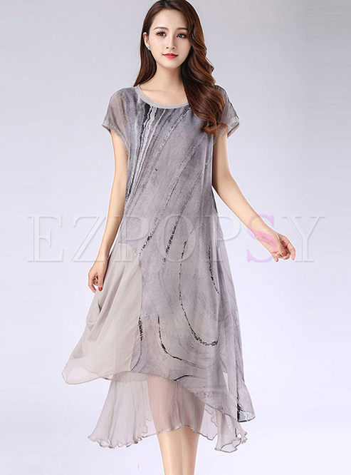 Brief O-neck Short Sleeve Silk Dress