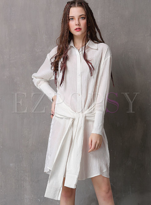 Lace Splicing Lapel Tie-waist Shirt Dress