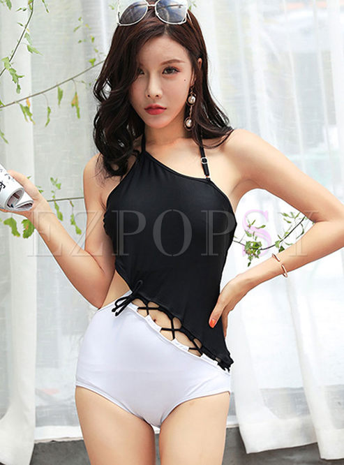 Color-blocked Hollow Out Tied Swimwear