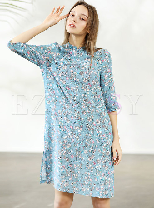Ethnic Stand Collar Print Silk Shift Dress