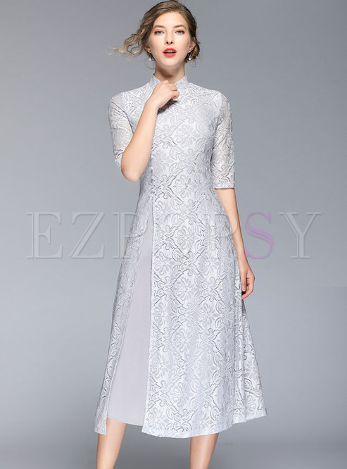 Mandarin Collar Lace Patchwork Chiffon Bridesmaid Dress 