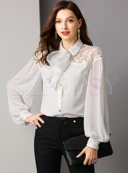 Tops | Blouses | Stylish Lantern Sleeve Tied Retro Embroidered Blouse