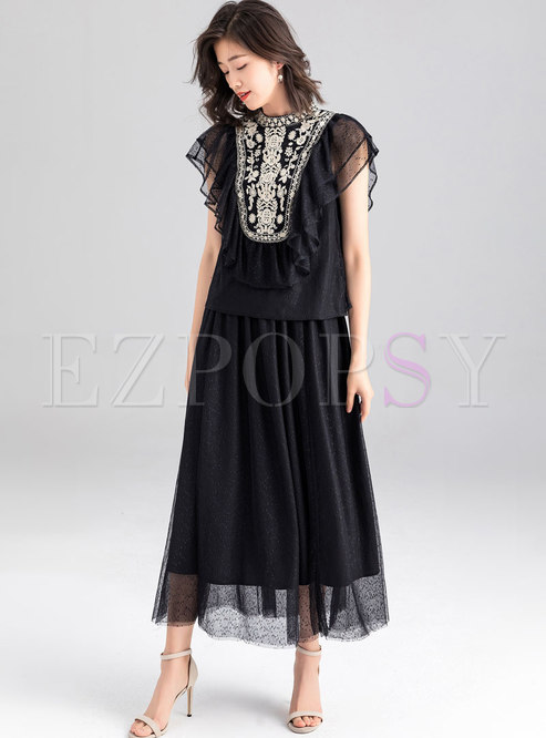 Stylish Embroidered Mesh Splicing Black Two-piece Dress