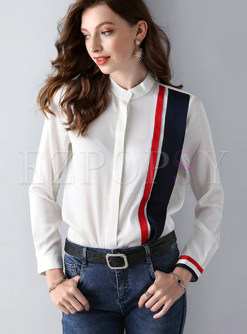 Elegant Color-blocked Stand Collar Blouse