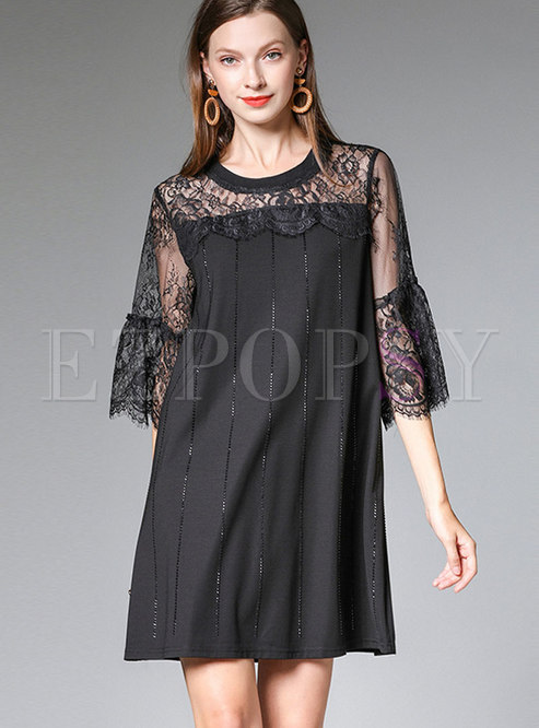 Loose See-though Hot Drilling Lace Shift Dress