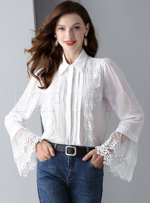 Tops | Blouses | Chic Lace Splicing Lapel Flare Sleeve Blouse