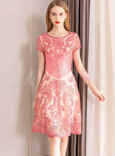 Fashion Short Sleeve Sequined A Line Dress