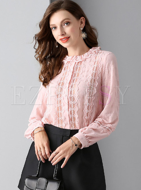 Lace Splicing Perspective Lantern Sleeve Blouse