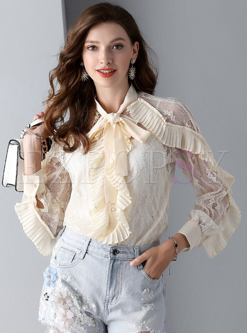 Sexy Lace Splicing Tie-collar Blouse With Cami