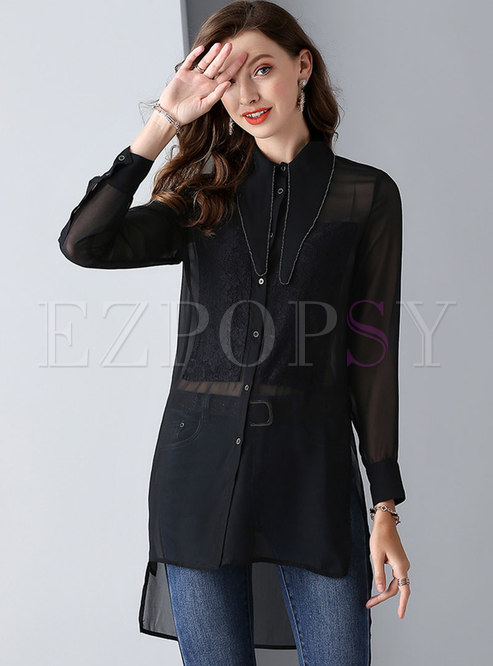 Lace Splicing Lapel Asymmetric Single-breasted Blouse