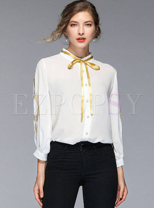 Brief Standing Collar Tied Chiffon Blouse