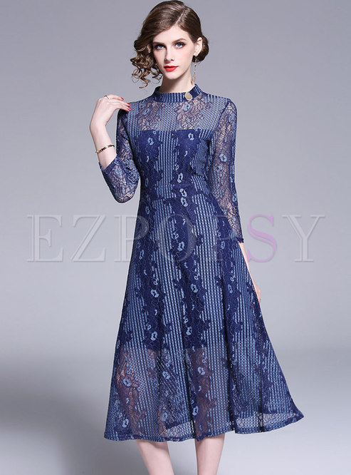 Lace Stand Collar Hollow Out A Line Dress