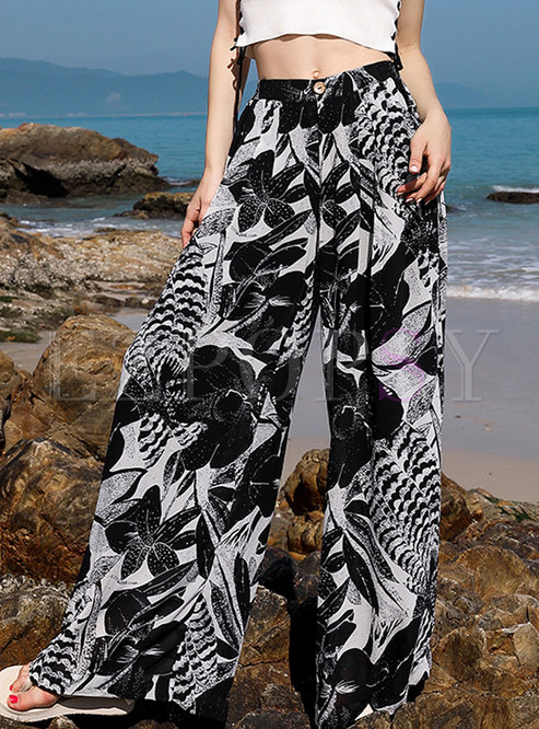Fashion Beach Print High Waist Wide Leg Pants