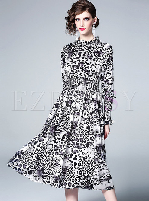 Leopard Ruffled Collar Elastic Waist A Line Dress