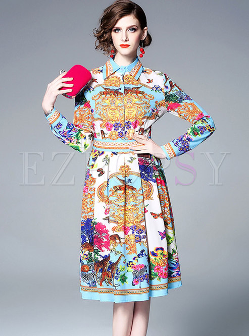 Stylish Print Lapel High Waist Midi Dress
