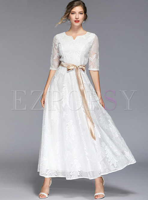 Elegant V-neck Tied Lace High Waist White Maxi Dress