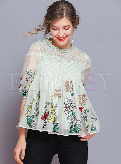 Tops | Blouses | Lace Splicing Embroidered Half Sleeve Loose Blouse