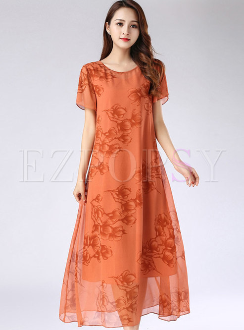 Elegant Print Chiffon Slim Plus Size Chiffon Dress