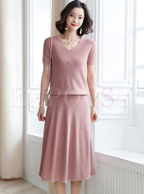 Chic Slim Pearl Solid Color Knitted Two Piece Dress