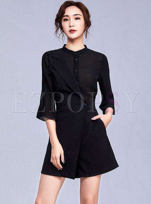 Solid Color Splicing Irregular Button Black Rompers