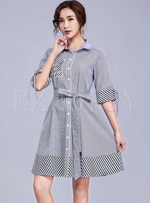 Fashion Striped Lapel Tied T-shirt Dress