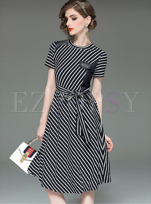 Elegant Striped O-neck Belted A Line Dress