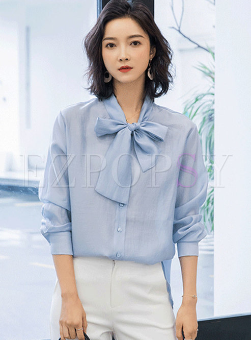Solid Color Tie-collar Single-breasted Blouse