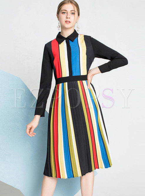 Color-blocked Lapel Long Sleeve Striped Pleated Dress
