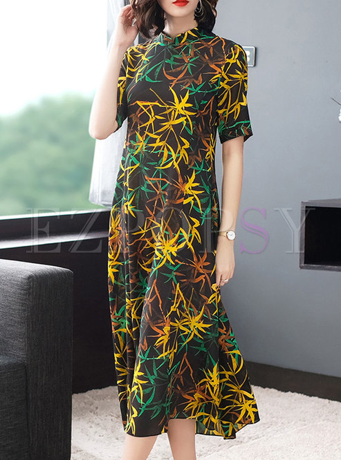 Color-blocked Print Stand Collar A Line Dress