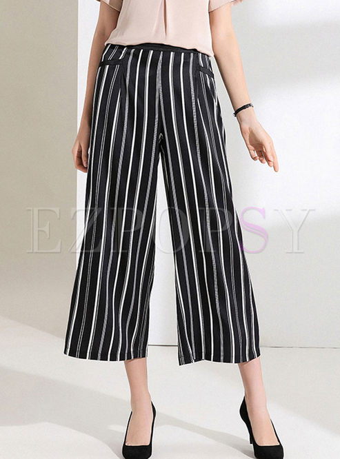Fashion Elastic Waist Striped Silk Pants