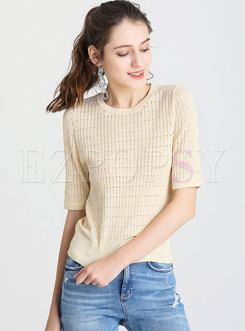 O-neck Light Apricot Short Sleeve Sweater 