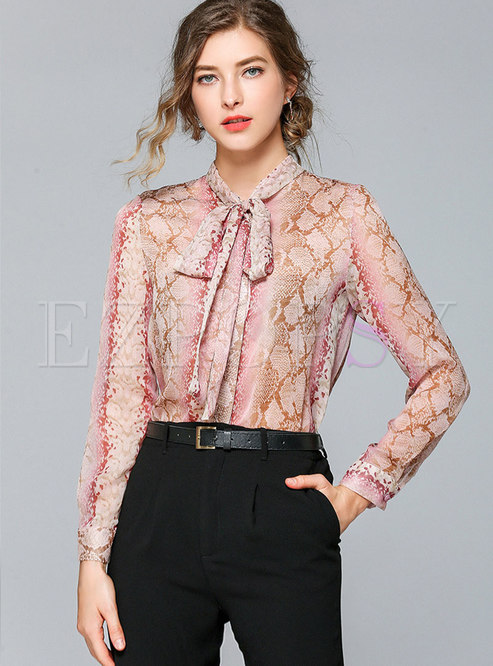 Tops | Blouses | Chic Print Stand Collar Bowknot Blouse