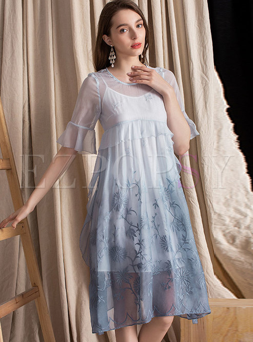 Casual Embroidered Light Blue Shift Dress With Camis