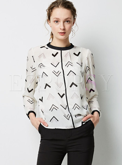 Stylish Print Stand Collar Pullover Blouse