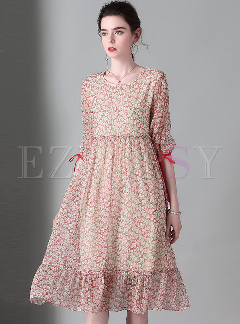 Dresses | Shift Dresses | Casual Floral Print O-neck Silk Shift Dress