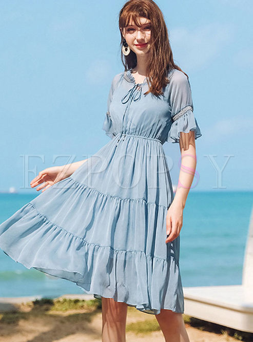 Dresses | Skater Dresses | Solid Color V-neck Flare Sleeve Skater Dress