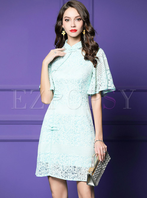 Dresses | Bodycon Dresses | Elegant Lace Mandarin Collar Flare Sleeve ...