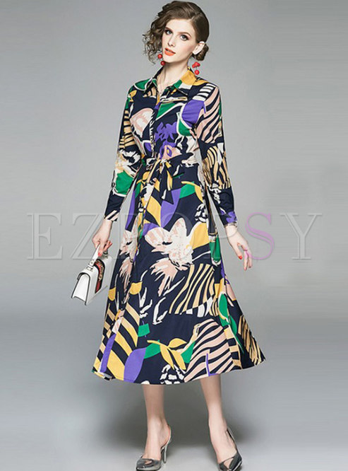 Elegant Print Lapel Belted Slim Maxi Dress