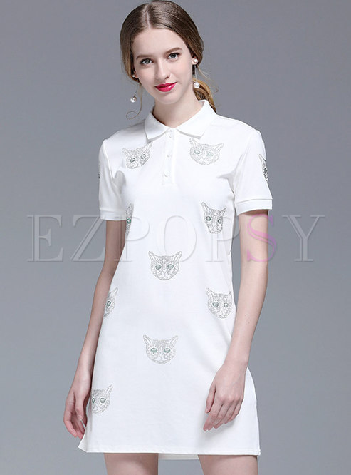 White Lapel Cat Pattern Cotton T-shirt Dress