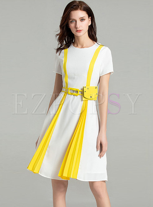 Hit Color O-neck Pleated Chiffon Skater Dress