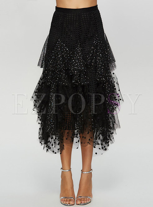 Chic Asymmetric Sequined Mesh Splicing Skirt