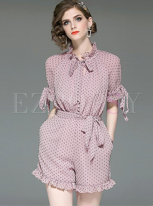 Polka Dot Ruffled Collar Belted Rompers