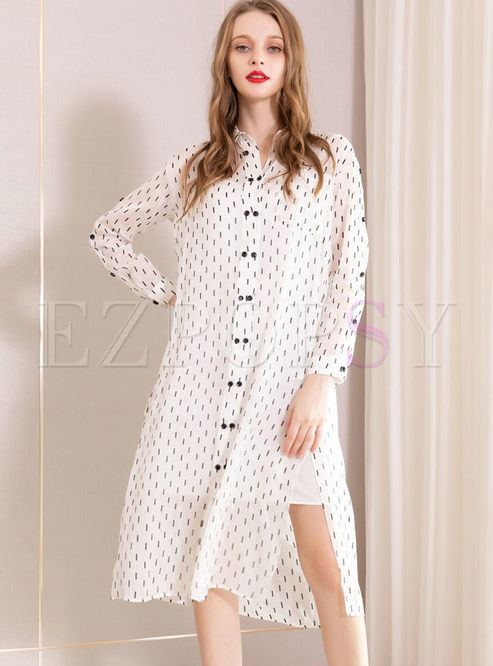Casual Lapel Single-breasted Slit Shirt Dress With Cami