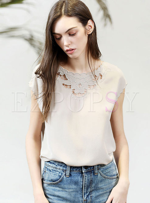 Brief Casual O-neck Hollow Out Silk T-shirt