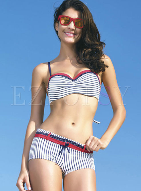 Fashion Color-blocked Striped Gathered Bikini