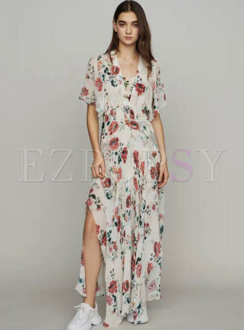 Bohemian V-neck Print Slit Maxi Dress With Cami