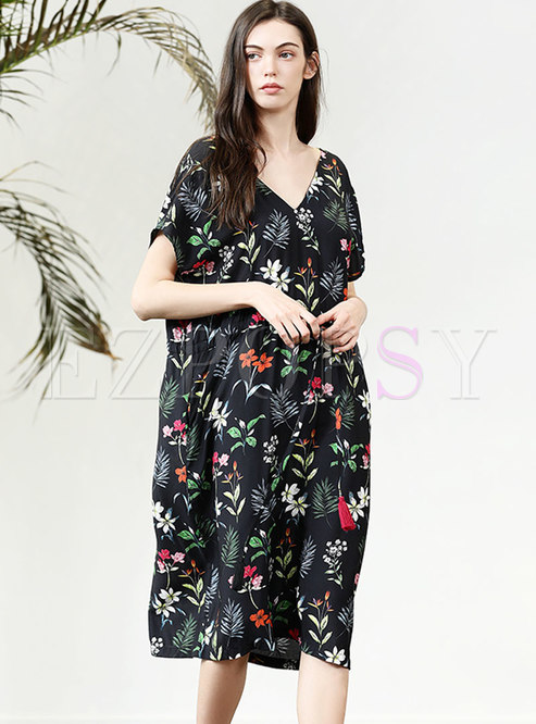 Trendy Print V-neck Backless Tied Casual Dress