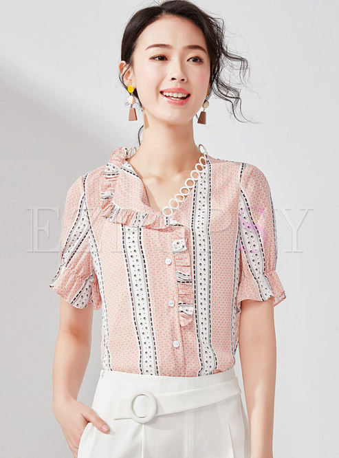 Chic Print Flare Sleeve Single-breasted Blouse